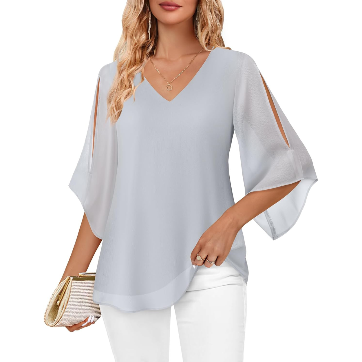 Ruffle Chiffon Sleeve Double Layers Tunic Tops