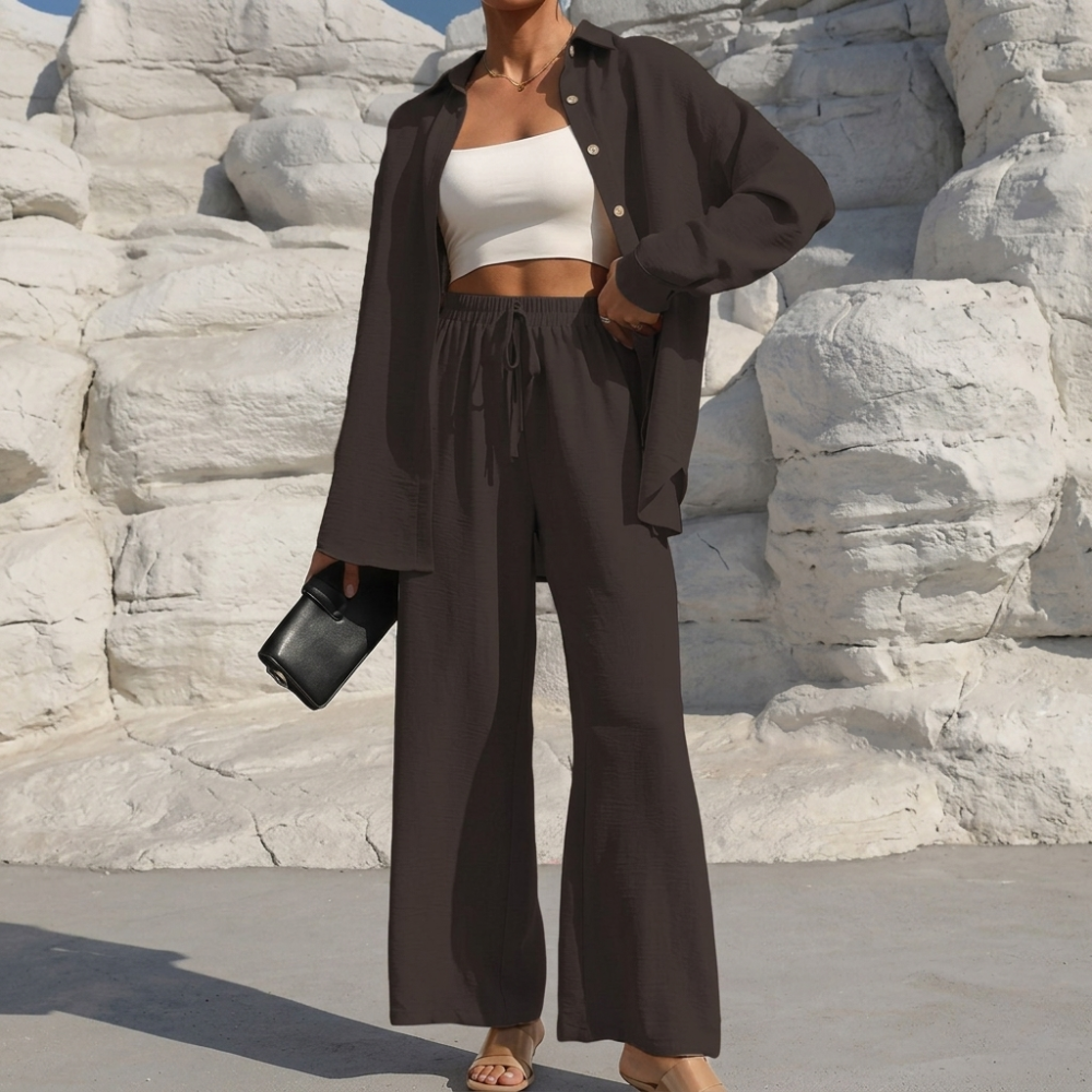 Casual 2 Piece Long Sleeve Shirt And Wide Fit Trouser Set For Women