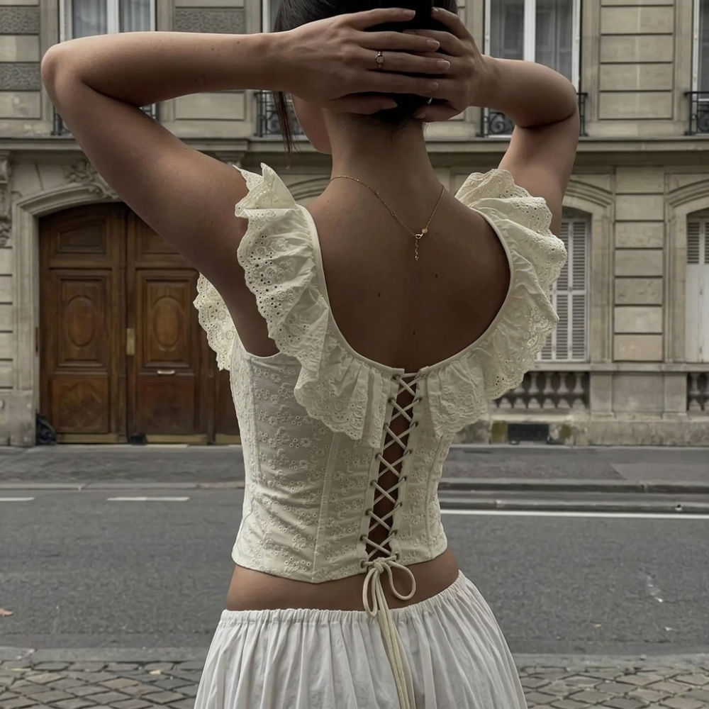 Adjustable Corset Blouse With Embroidery Lace Details For Women