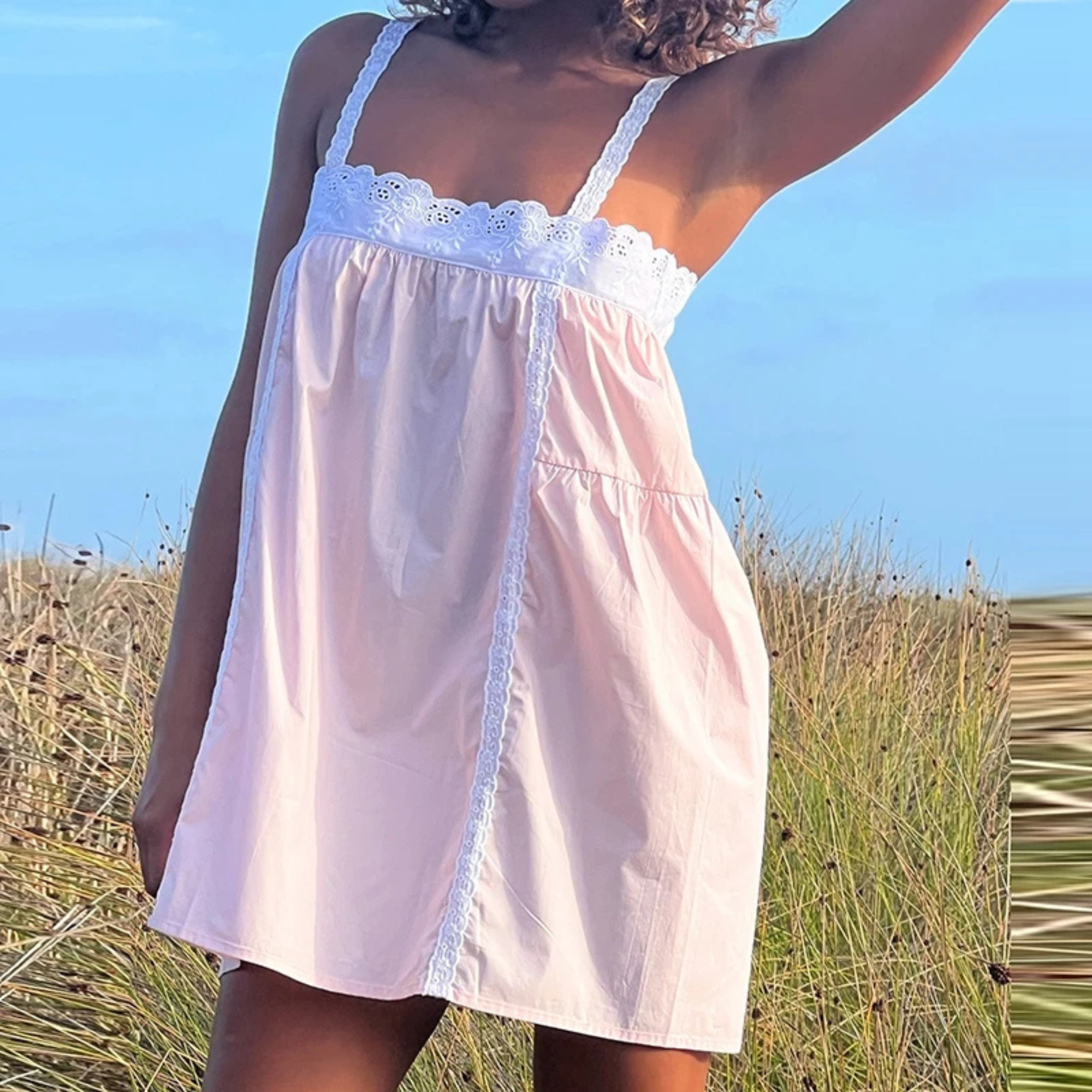 Lace Trim Mini Ruffle Flowy Dress With Spaghetti Strap For Women