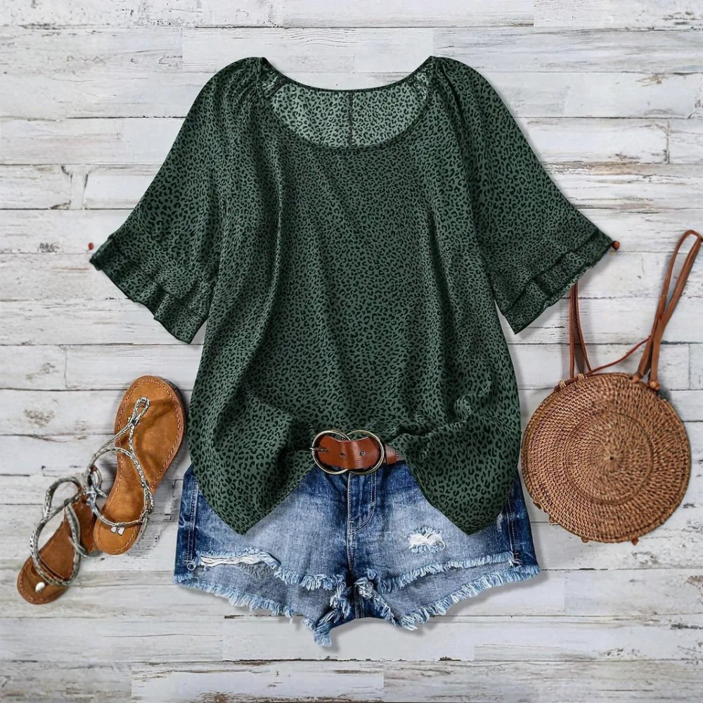 All Over Print Ruffle Layered Short Sleeve Woven Blouse Top For Women