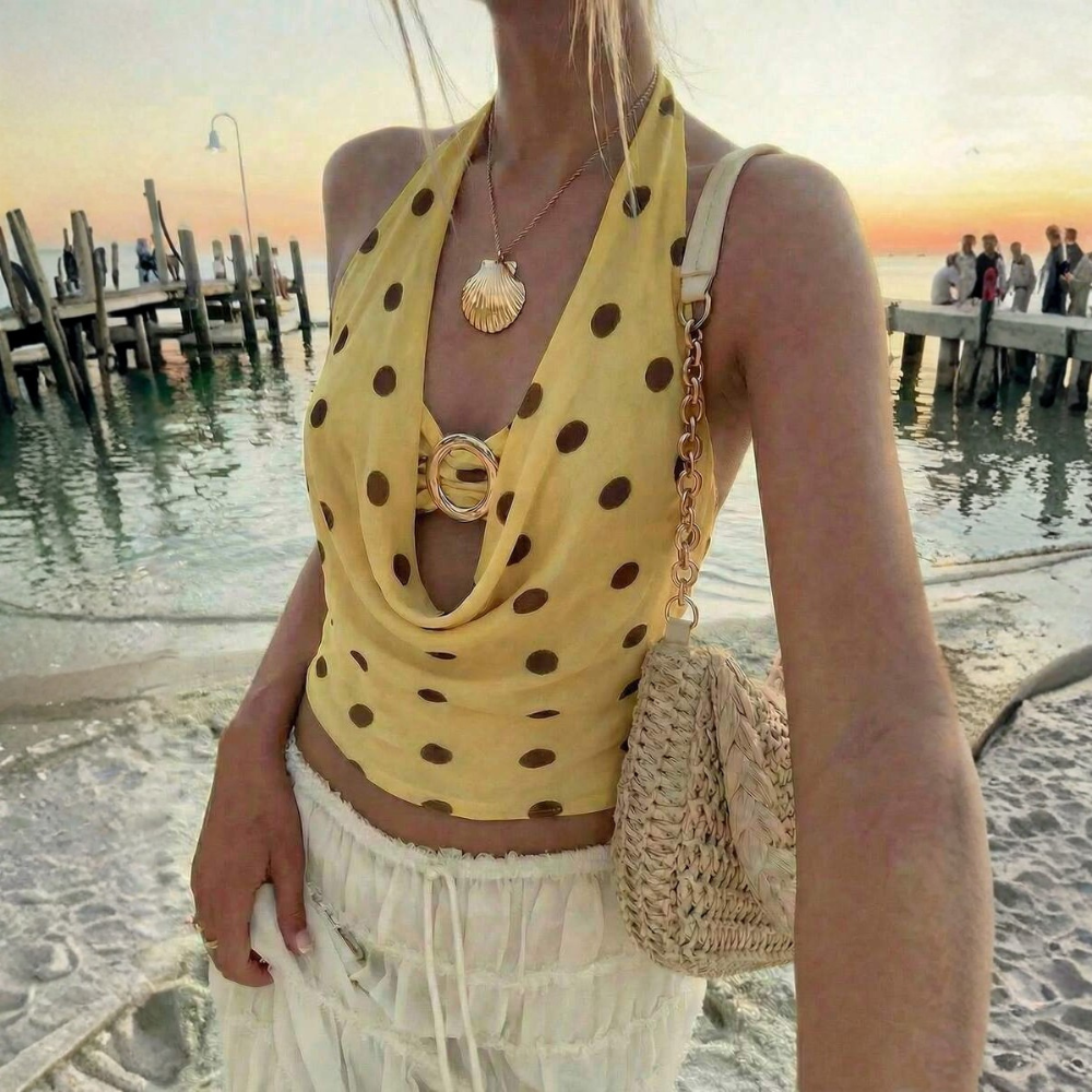 Tank Top Polka Dot Print Draped Neck Tie For Women