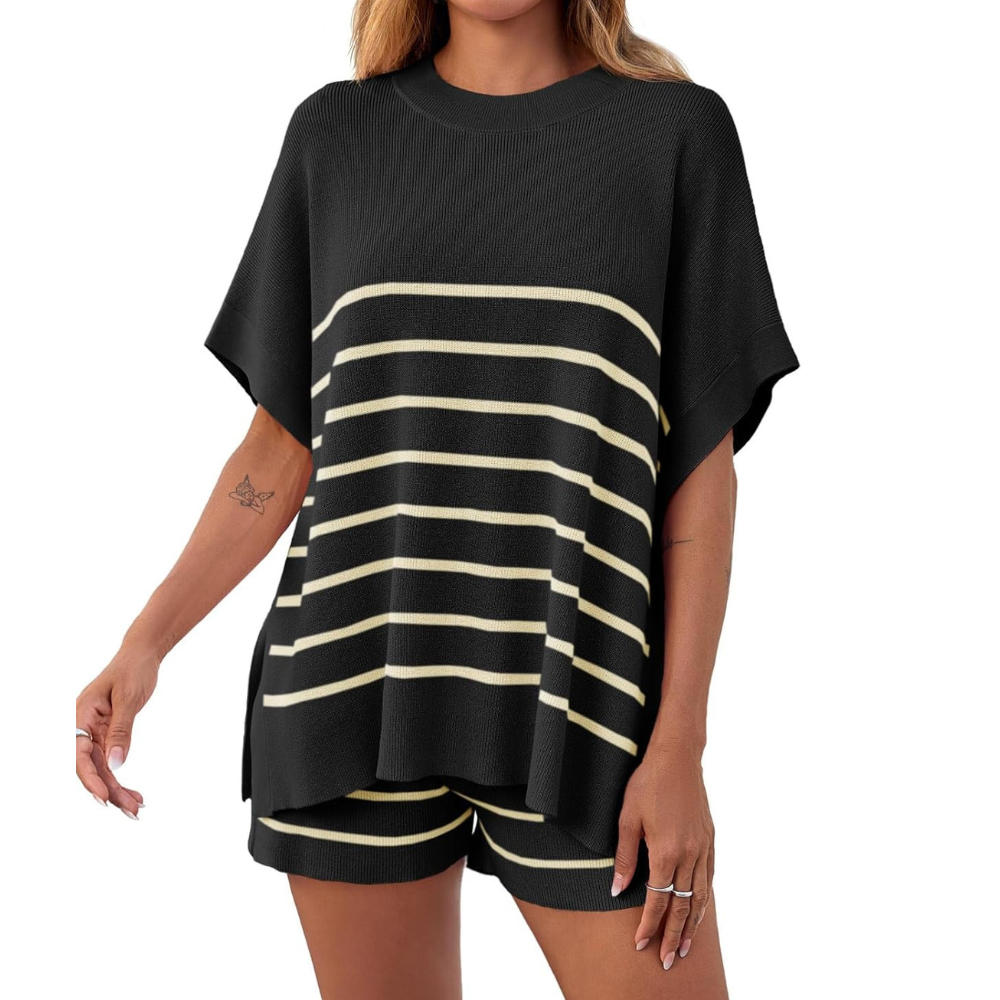 Striped Knit Top And Shorts Set For Women