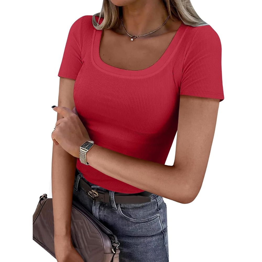 Casual Ribbed Knit Short Sleeve Tee For Women
