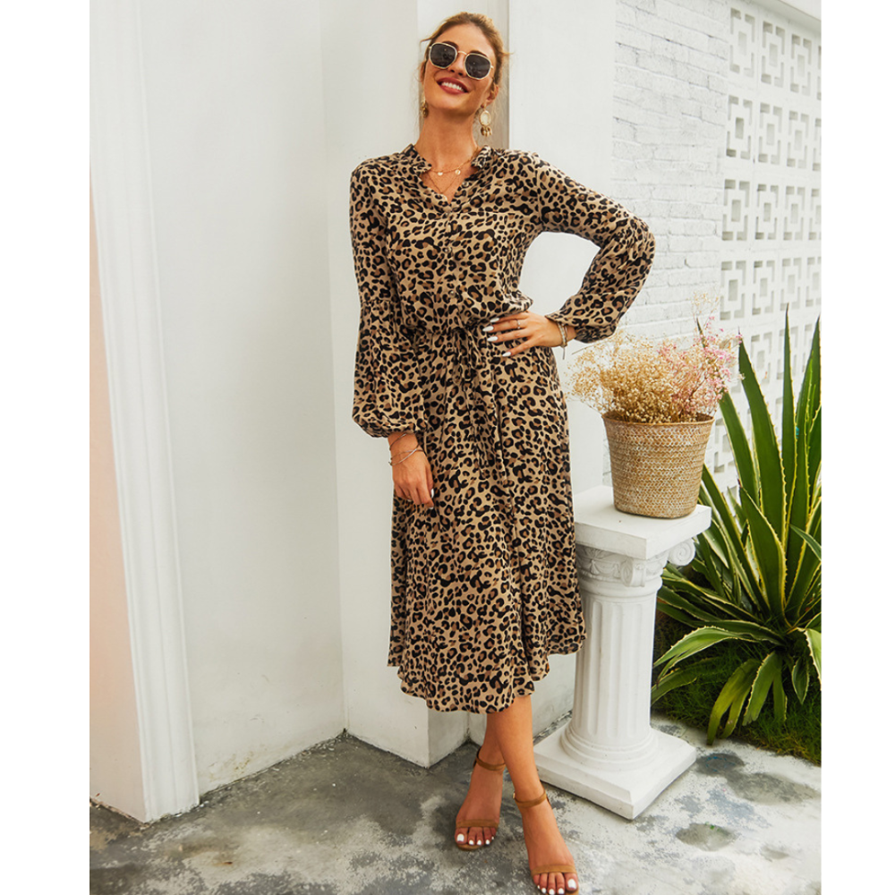 Women’s Midi Leopard Long Sleeves Dress-My Comfy Blouse