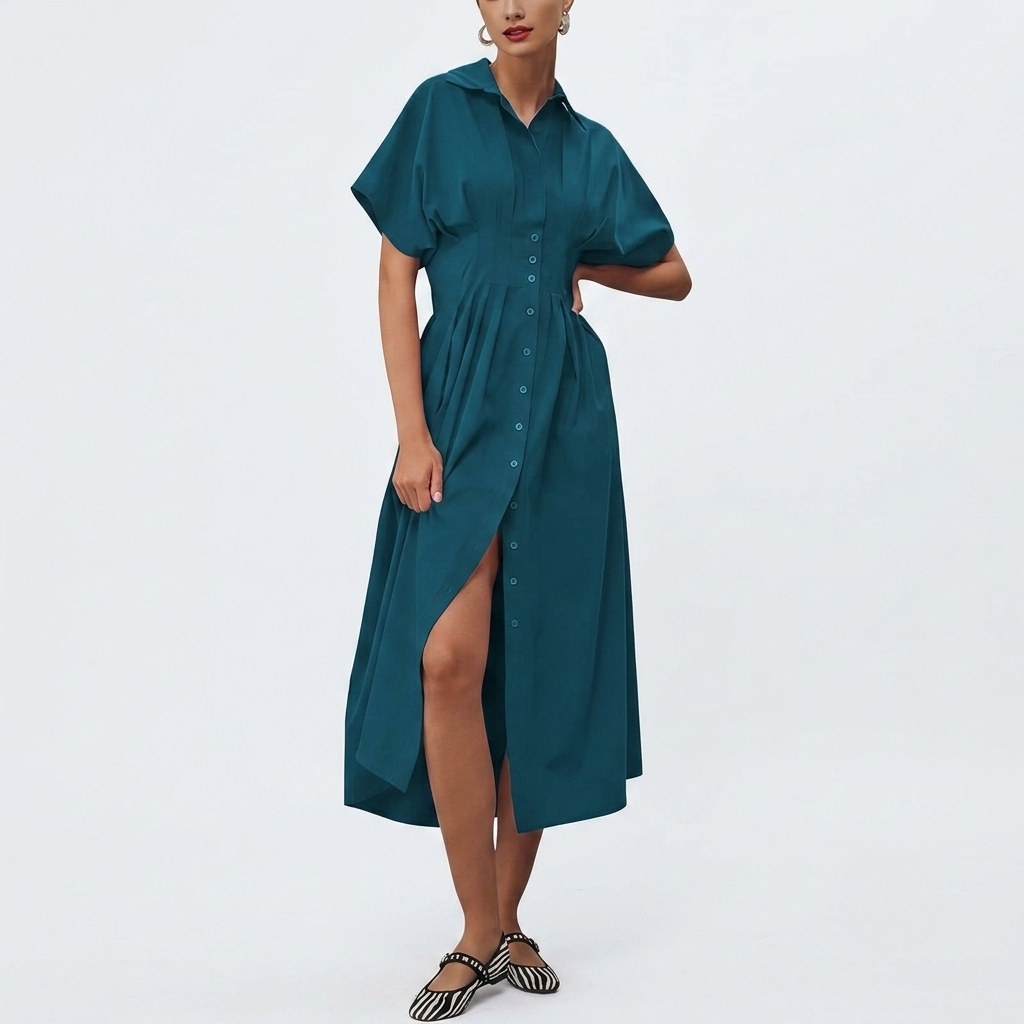 Casual Short Sleeve Button Down Loose Fit Pleated Maxi Sundress With Pockets For Women