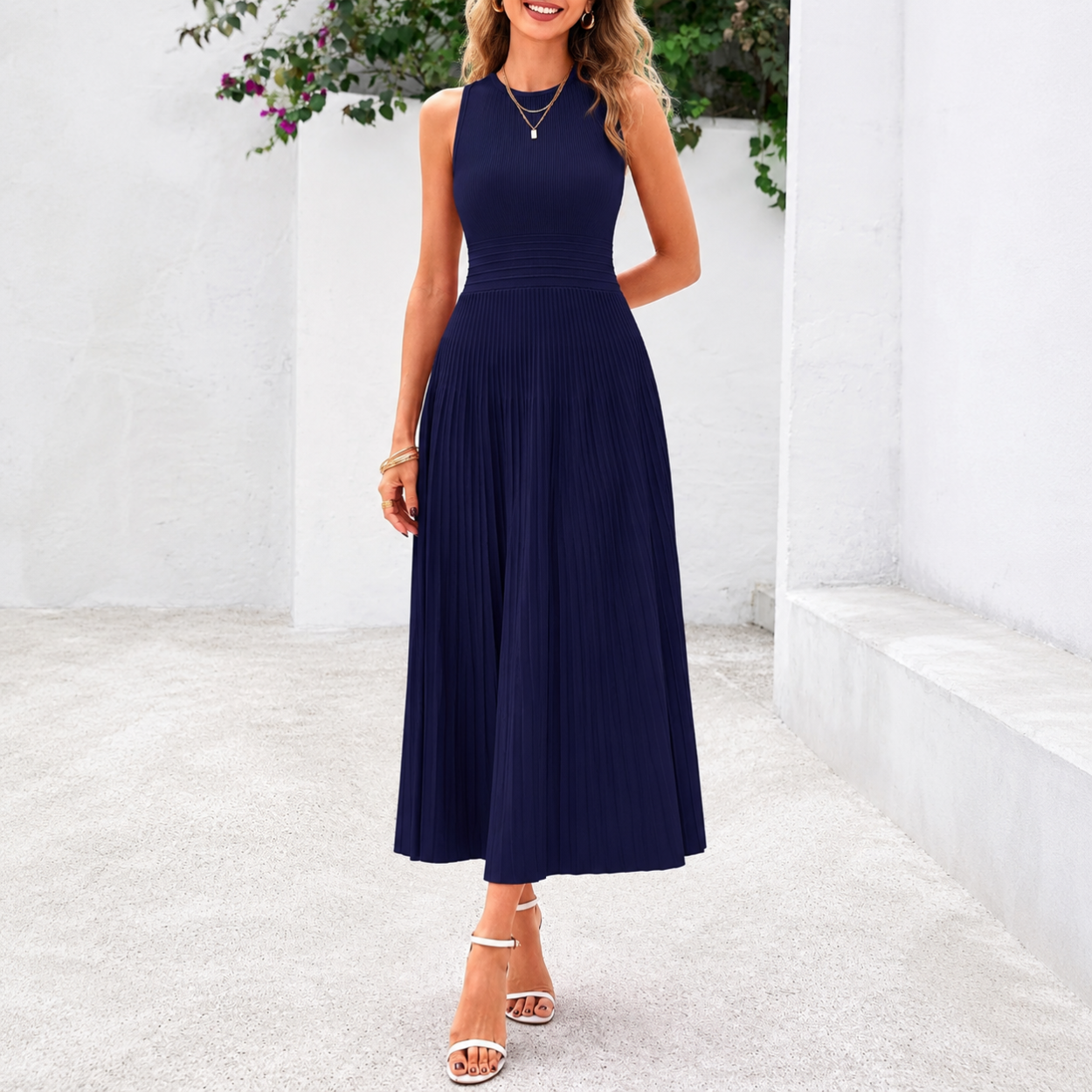 Casual Sleeveless Midi Dress With Pleated Design For Women