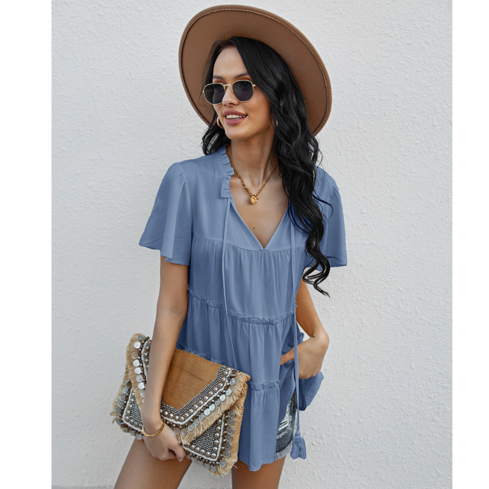 Frill Trim Tassel Tie Flutter Sleeve Top-My Comfy Blouse