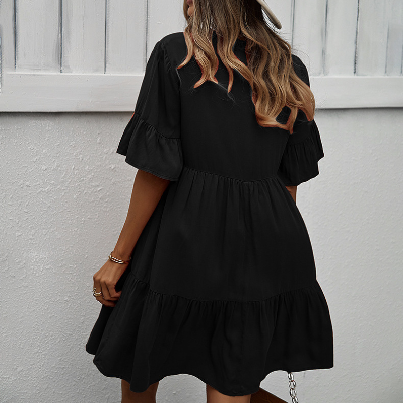 Semi Collar Flared Short Sleeves Midi Drees-My Comfy Blouse