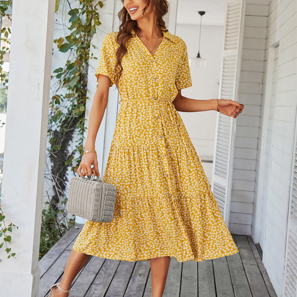 V-Neck Waist Belt Floral Print Maxi Dress-My Comfy Blouse