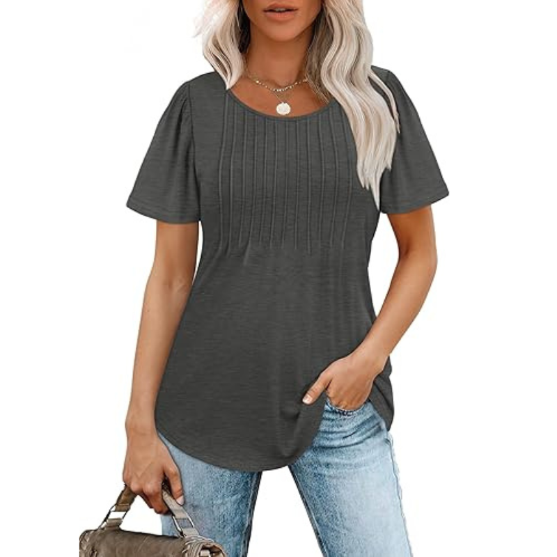 Pleated Casual Top With Scoop Short Sleeve Summer Blouse-My Comfy Blouse