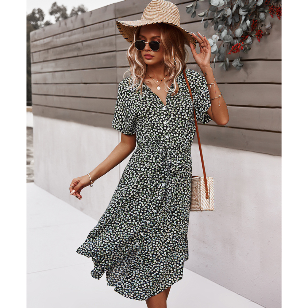 Women's Summer Floral Button Down V Neck Dresses-My Comfy Blouse