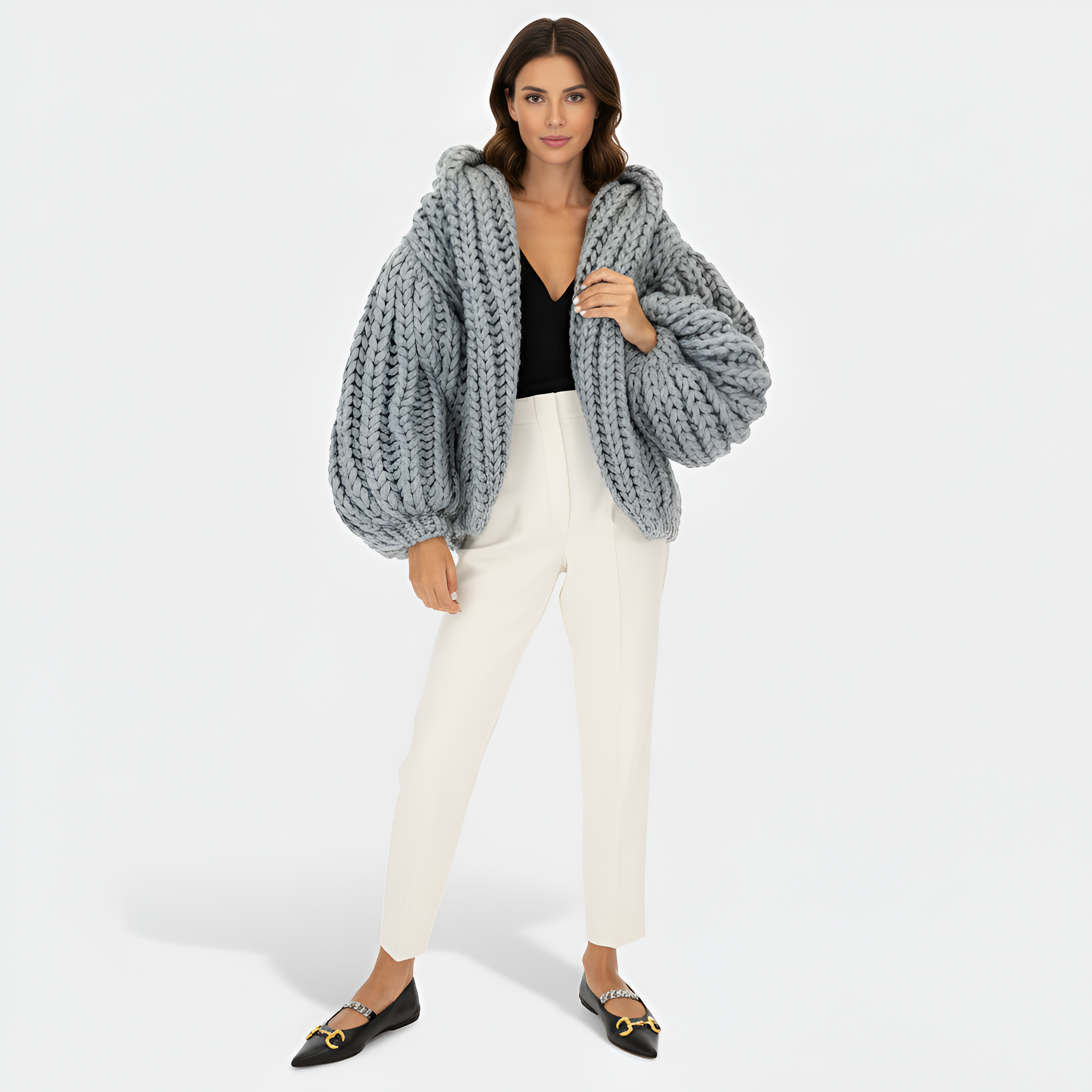 Oversized Cable Knit Hooded Open Front Cardigan For Women