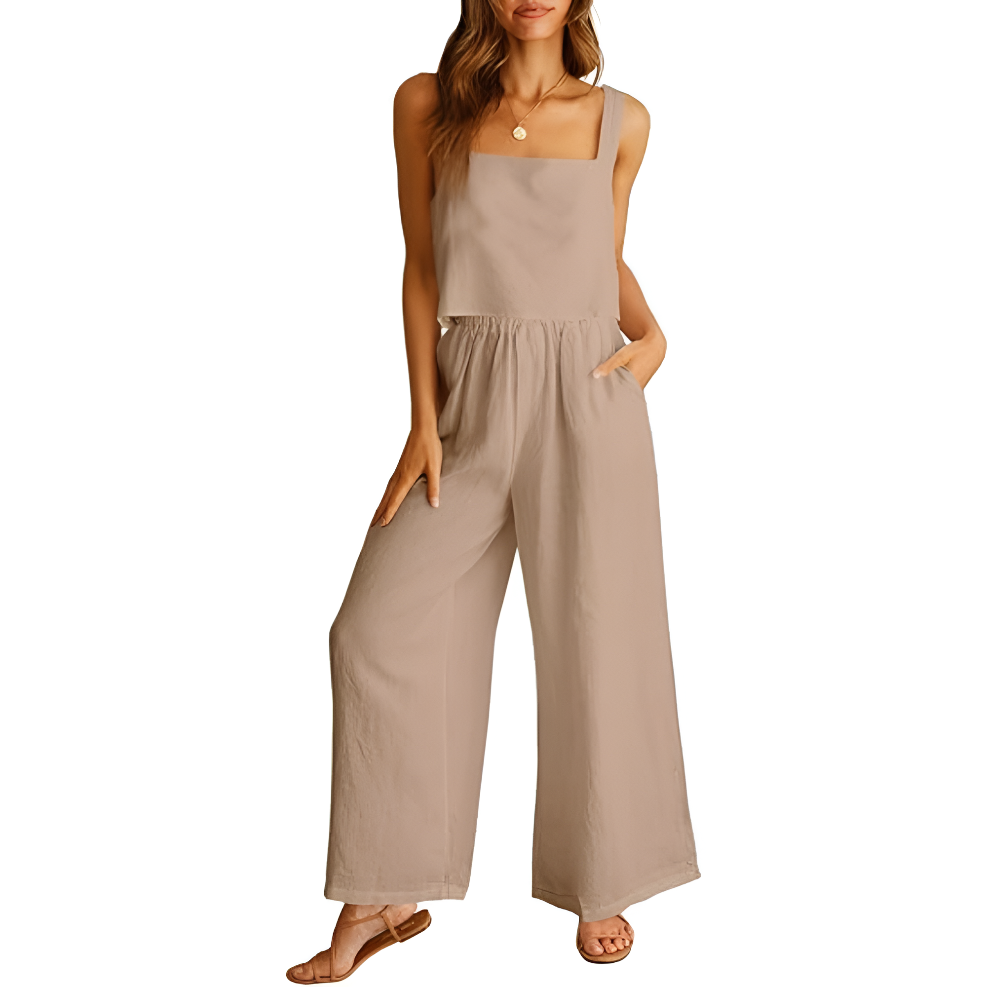 2 Piece Linen Pants Jumpsuit Matching Lounge Set For Women
