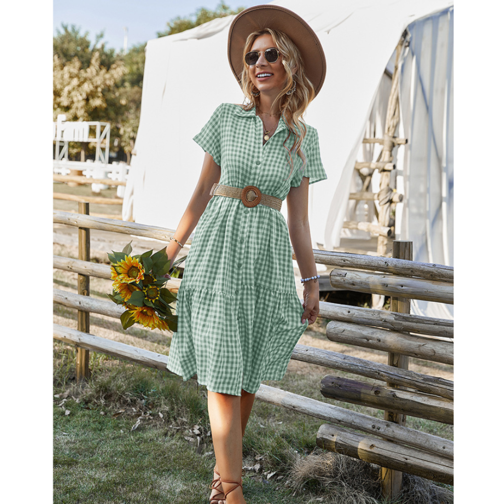 Women Buttoned Gingham Summer Dress-My Comfy Blouse
