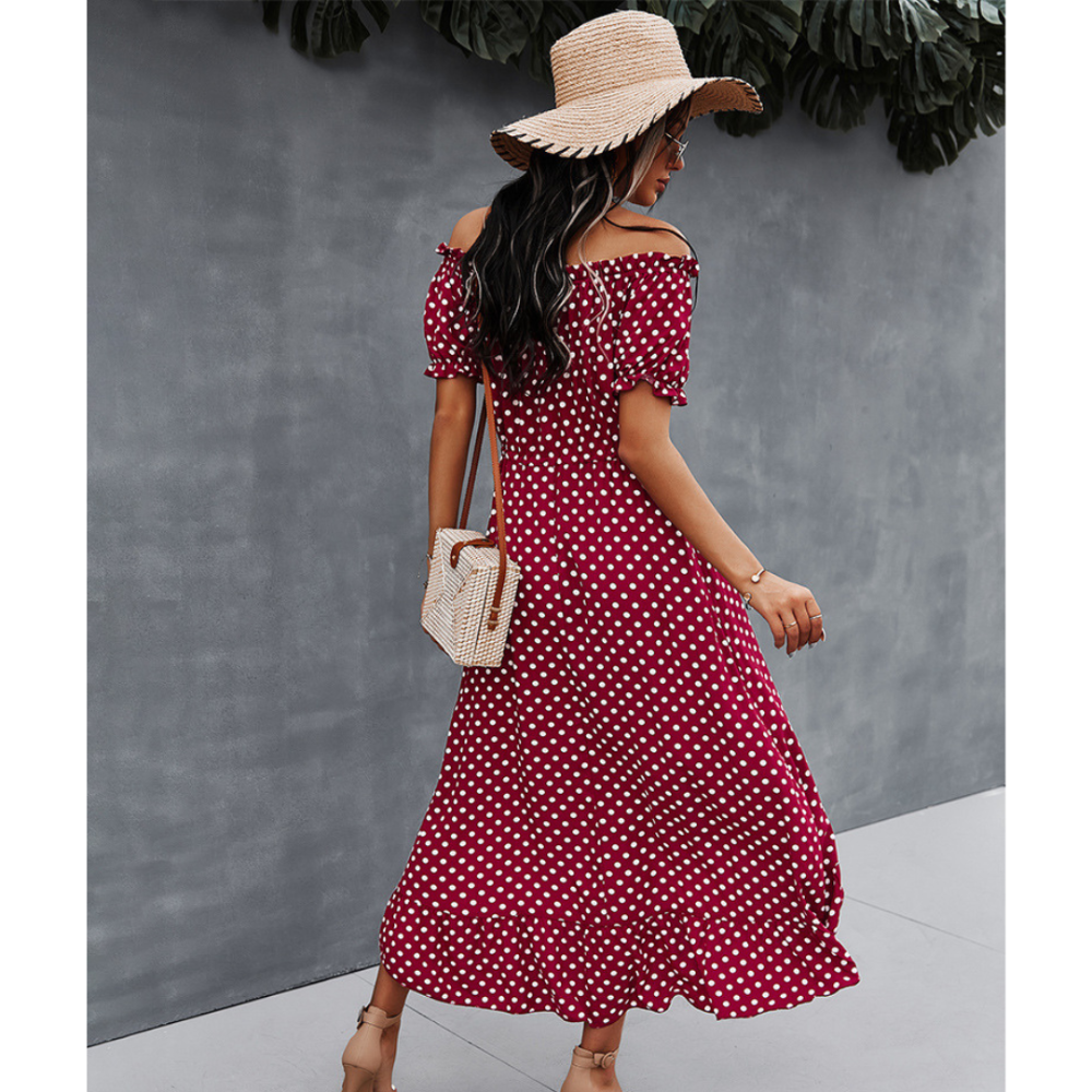 Off-Shoulder Polka Dot High Low Ruffle Hem Dress-My Comfy Blouse
