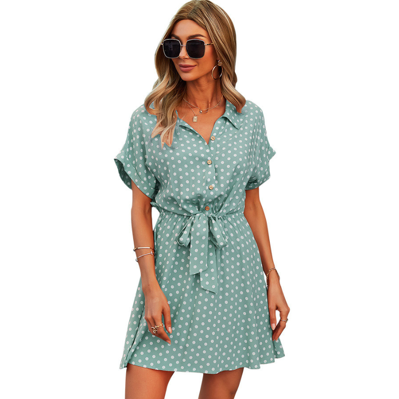 Polka Dots Knee Length Waist Belt Tie Dress-My Comfy Blouse