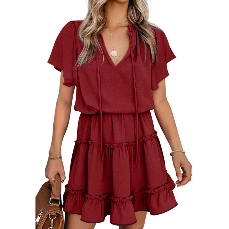 Flounce Sleeve V- Neck Casual Dress-My Comfy Blouse