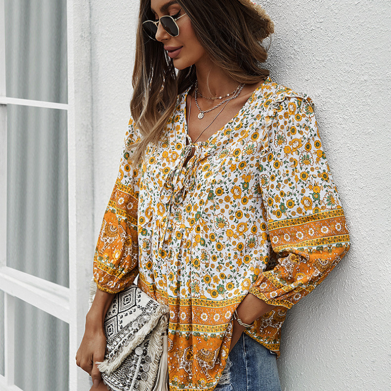 Traditional Print Front Strip Tie Blouse-My Comfy Blouse