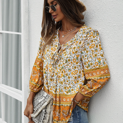 Traditional Print Front Strip Tie Blouse-My Comfy Blouse