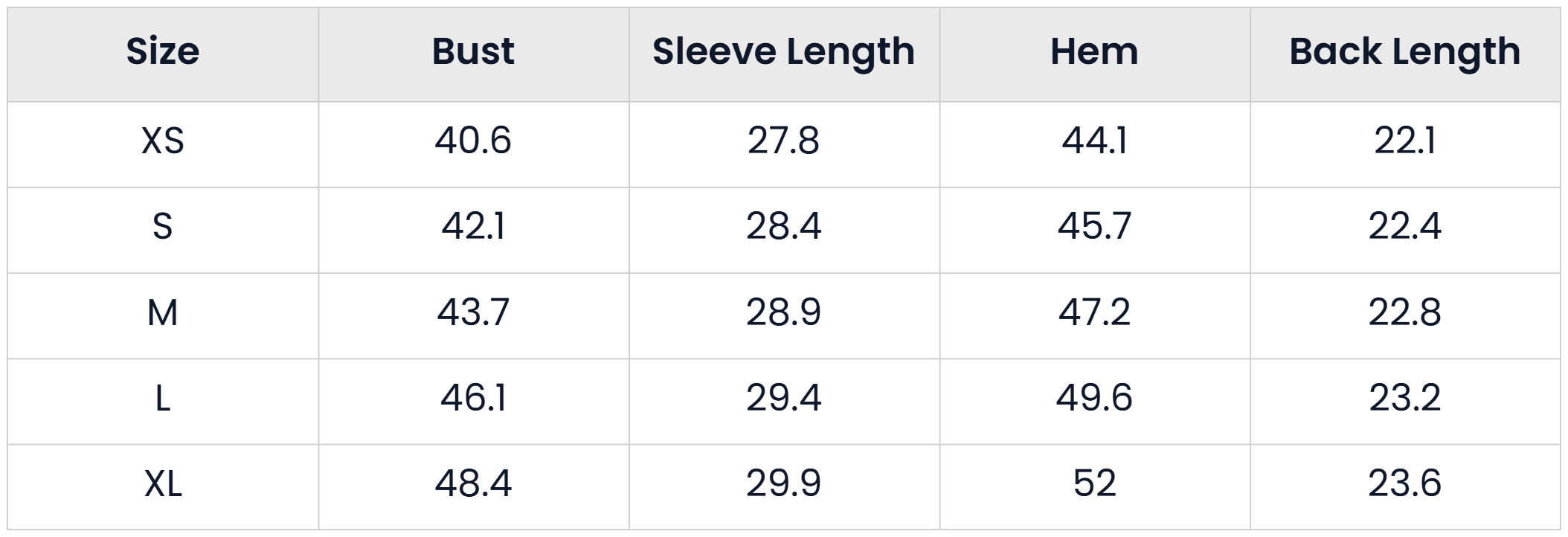 Size Chart for Oversized Cropped Lapel Front Jacket For Women