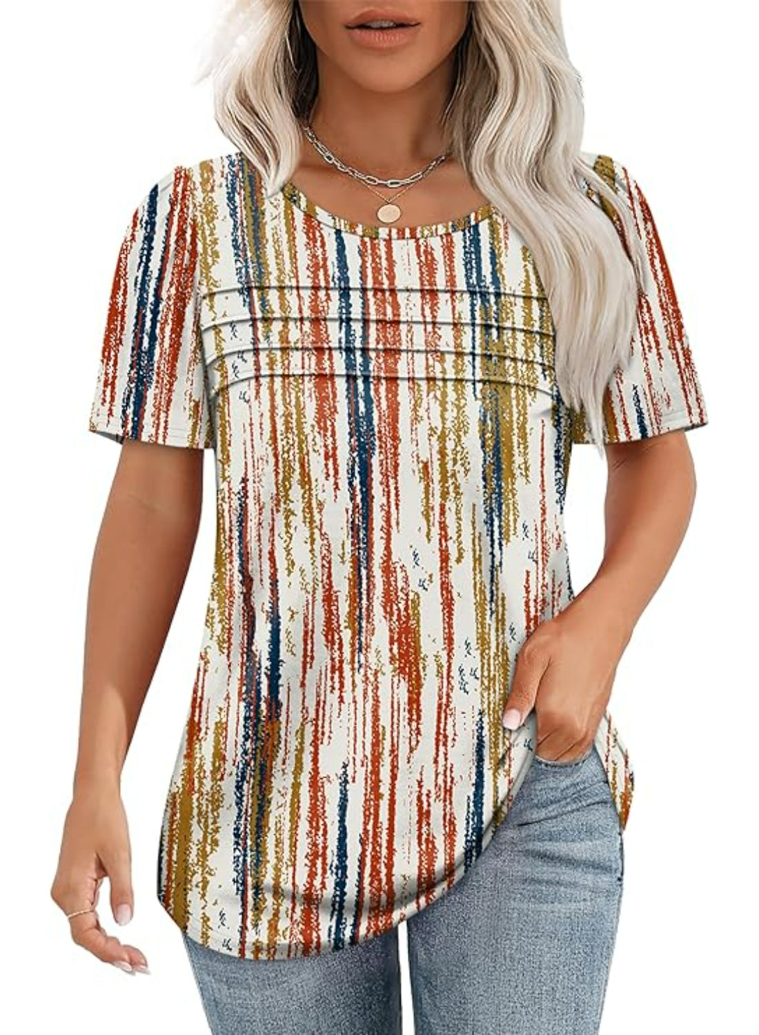 Women Printed T Shirts Short Sleeve For Stripe Scoop Top-My Comfy Blouse