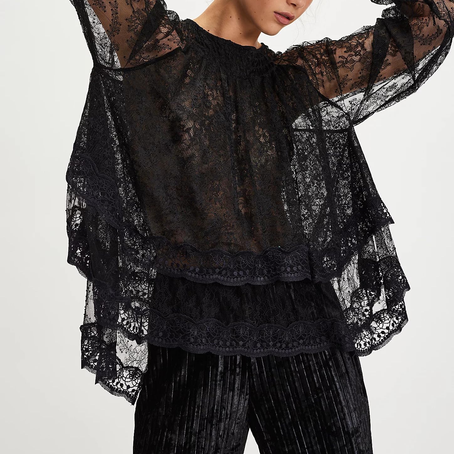 Flowy Ruffle Design Sheer Blouse With Lace Detail For Women
