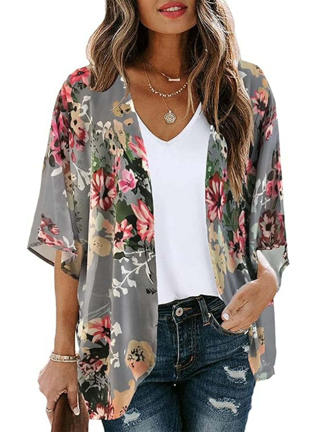 Casual Loose Floral Kimono With Sheer Fabric