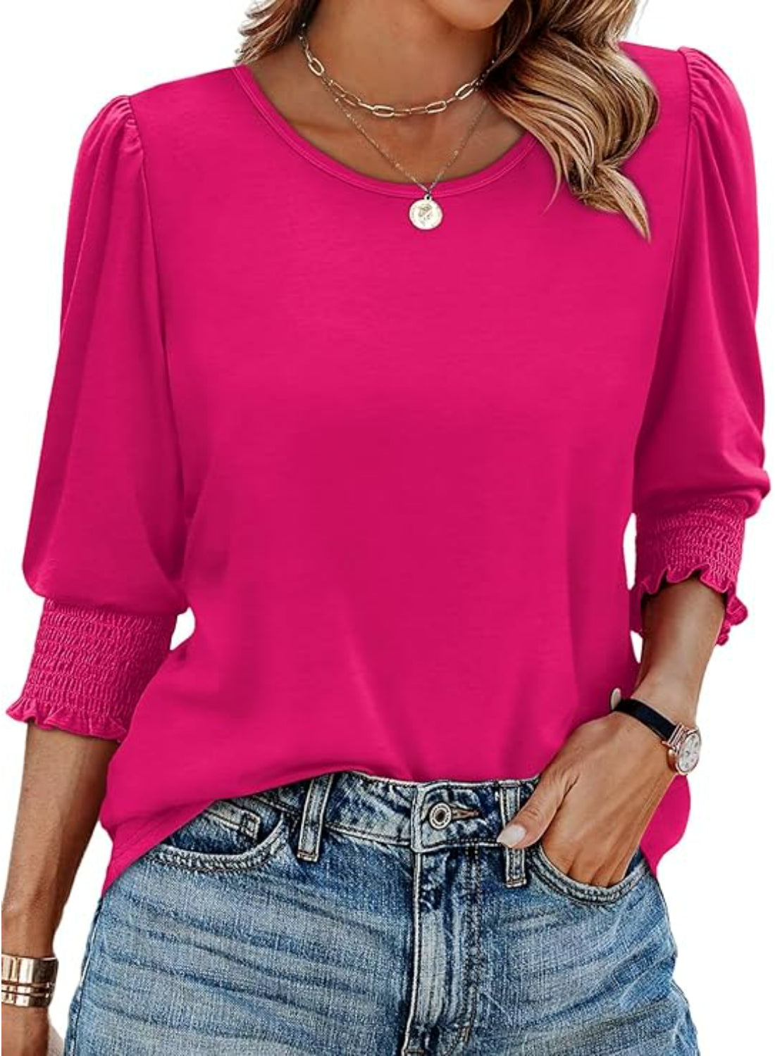 Blouses Women With 3 By 4 Sleeve Smocked Cuff Tops-My Comfy Blouse