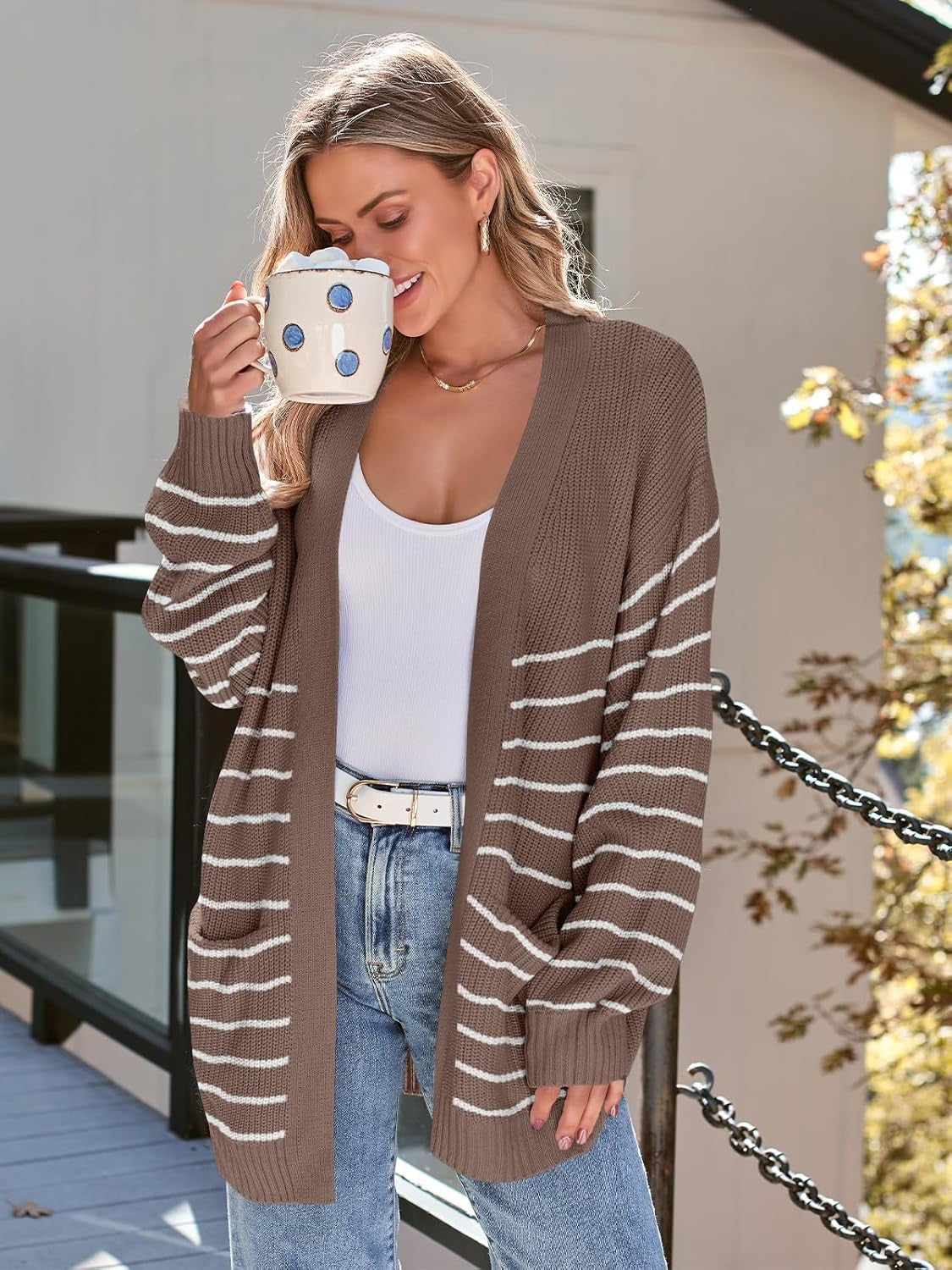 Oversized Striped Knit Cardigan With Pockets-My Comfy Blouse