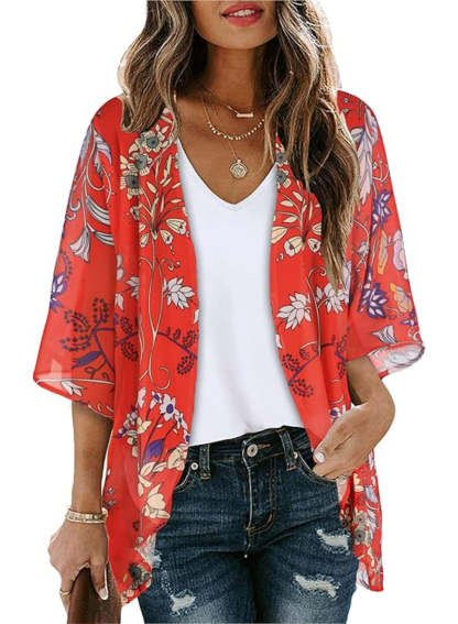 Casual Loose Floral Kimono With Sheer Fabric