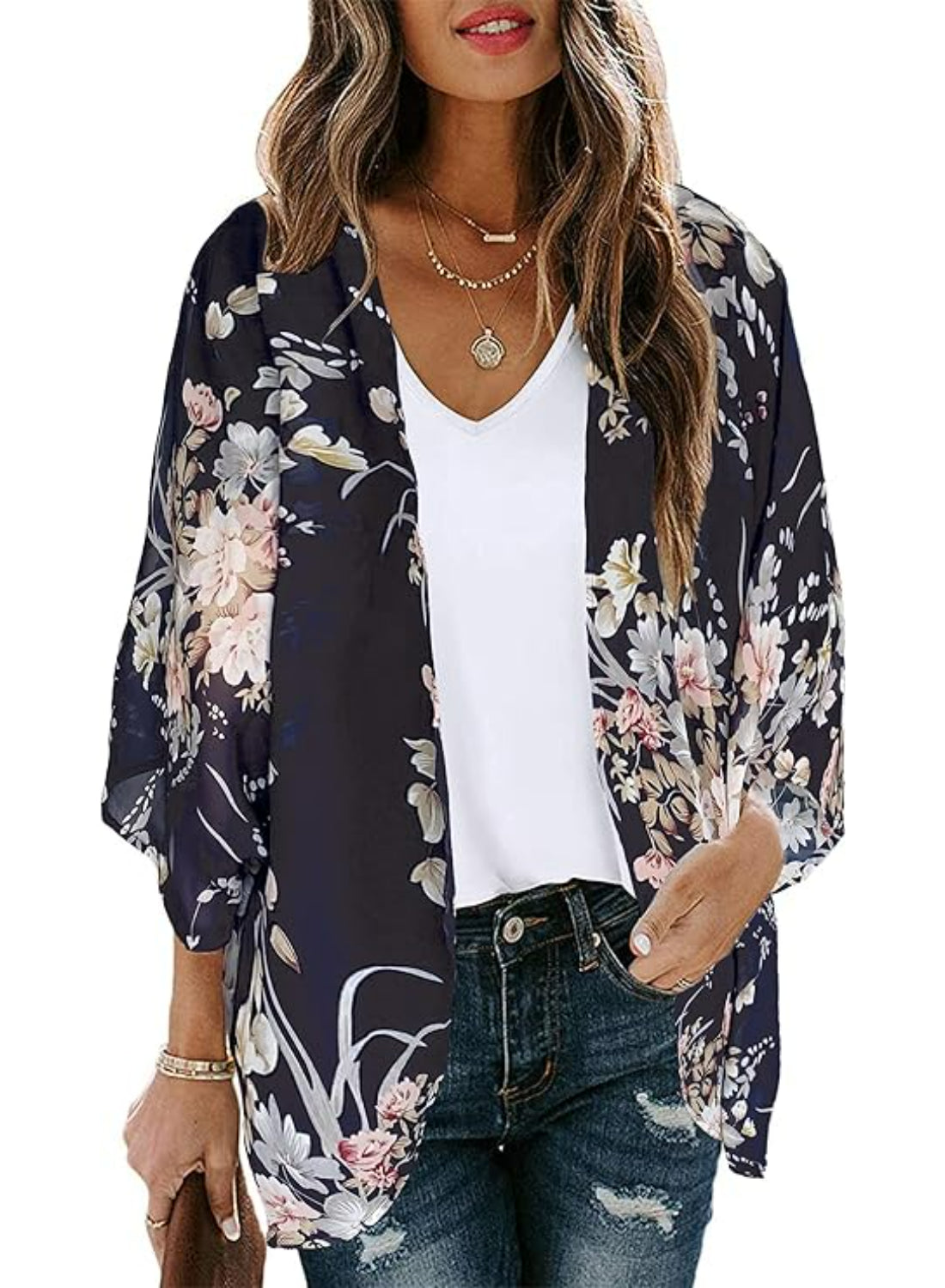 Casual Loose Floral Kimono With Sheer Fabric
