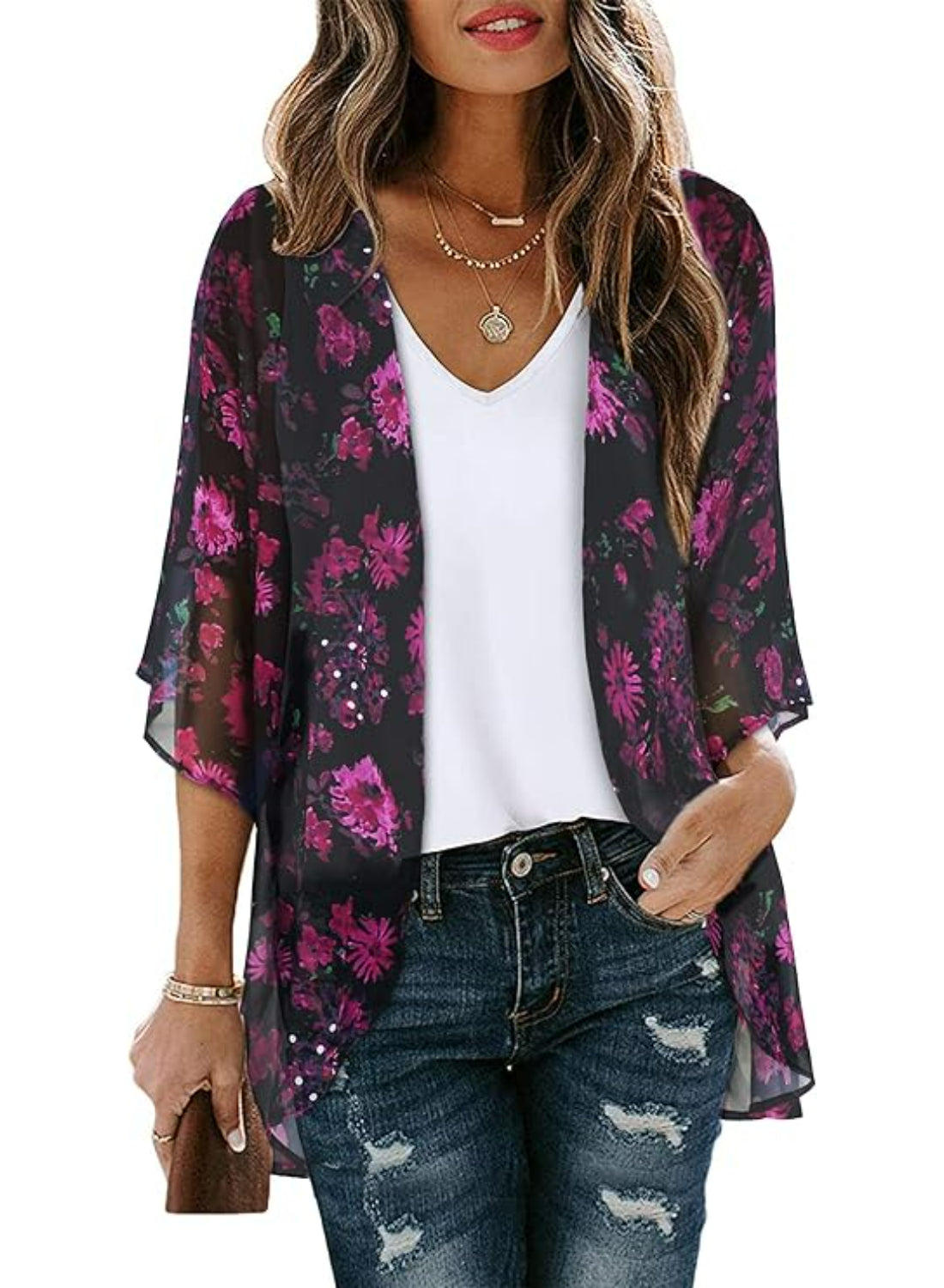 Loose Floral Kimono Cover With Sheer Chiffon Lightweight Fabric-My Comfy Blouse