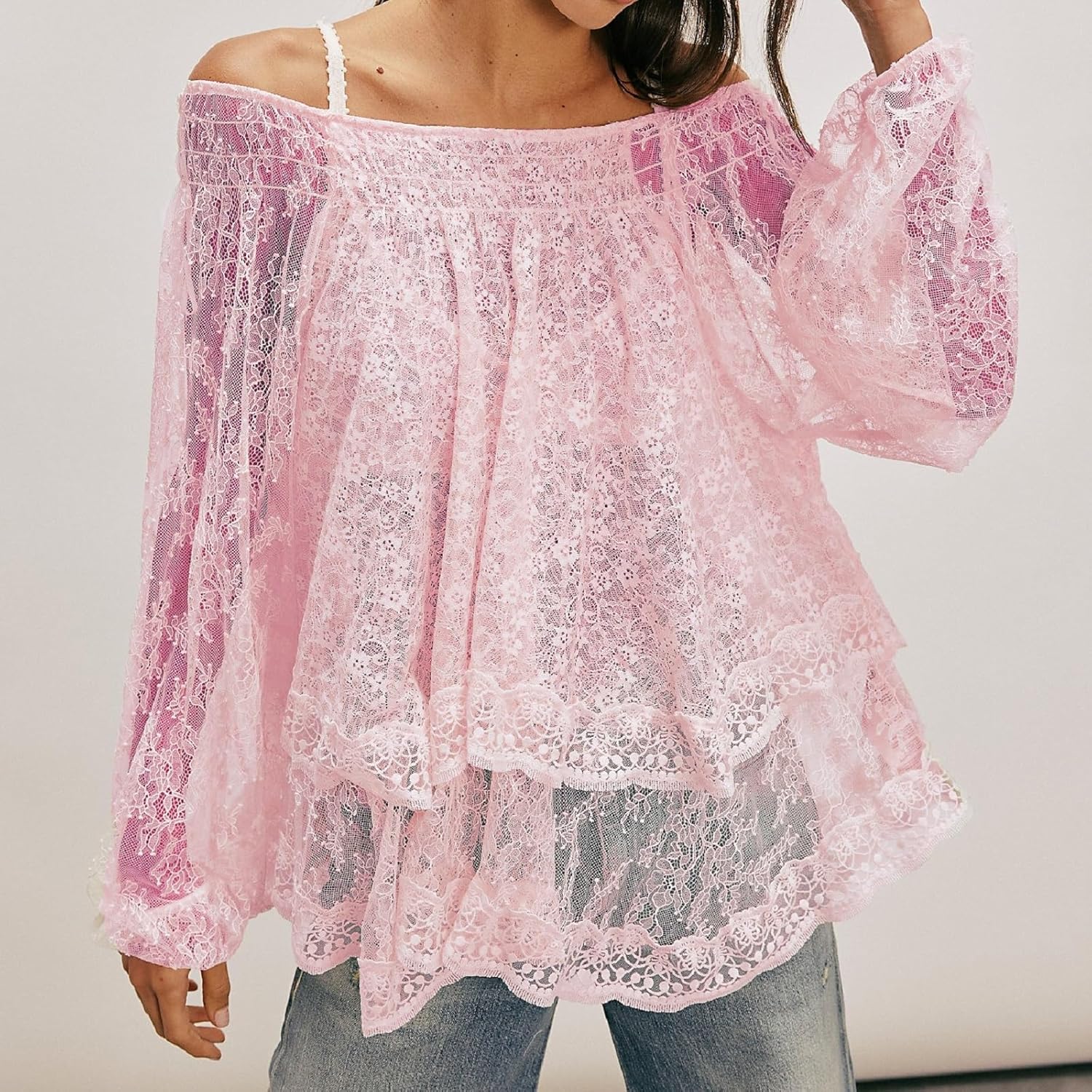 Flowy Ruffle Design Sheer Blouse With Lace Detail For Women