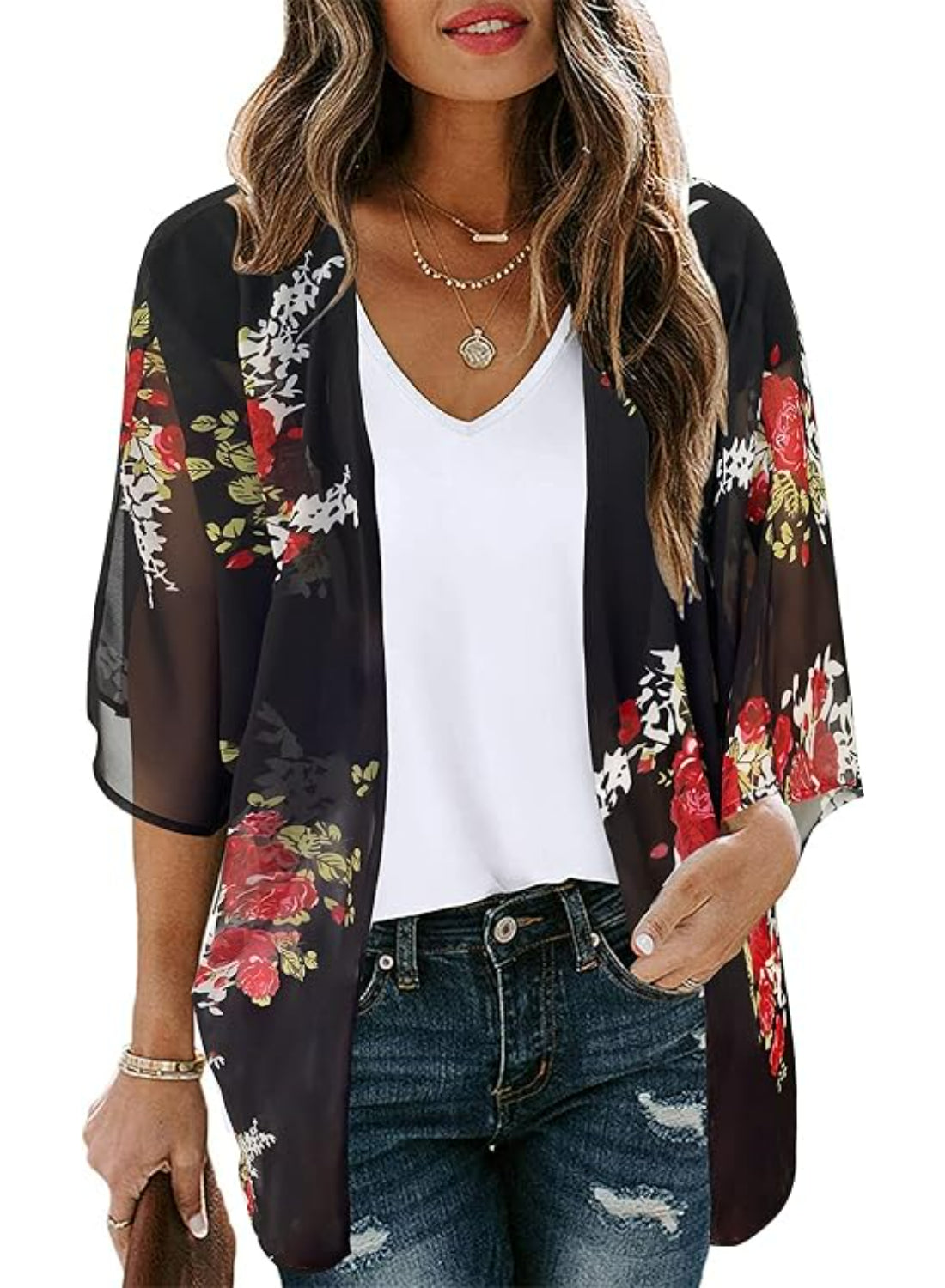 Loose Floral Kimono Cover With Sheer Chiffon Lightweight Fabric-My Comfy Blouse