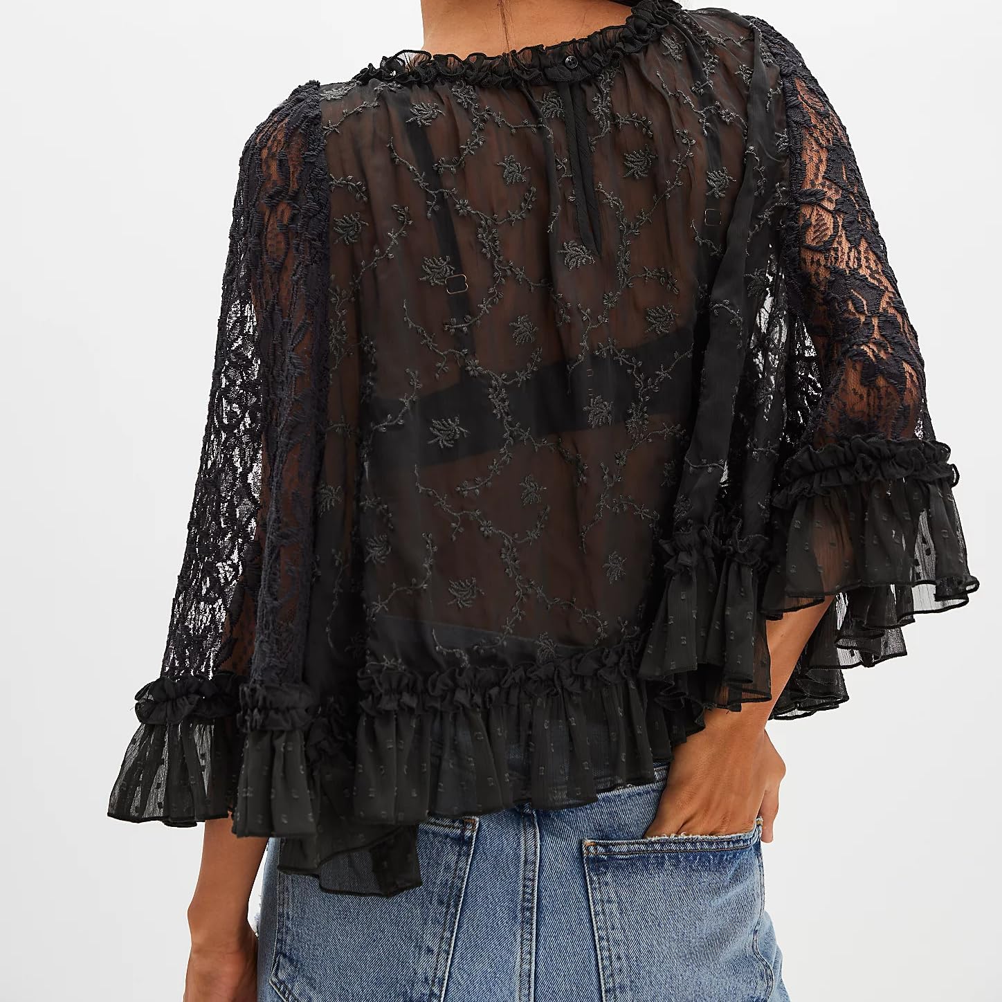Flowy Ruffle Design Sheer Blouse With Lace Detail For Women