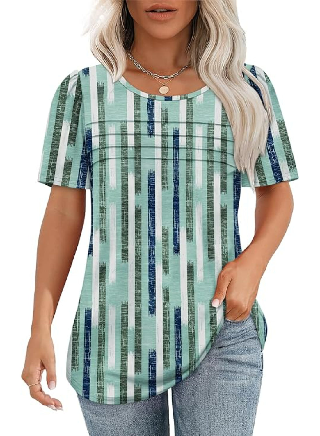 Women Printed T Shirts Short Sleeve For Stripe Scoop Top-My Comfy Blouse