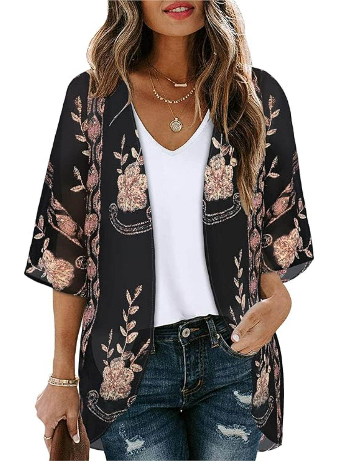 Loose Floral Kimono Cover With Sheer Chiffon Lightweight Fabric-My Comfy Blouse