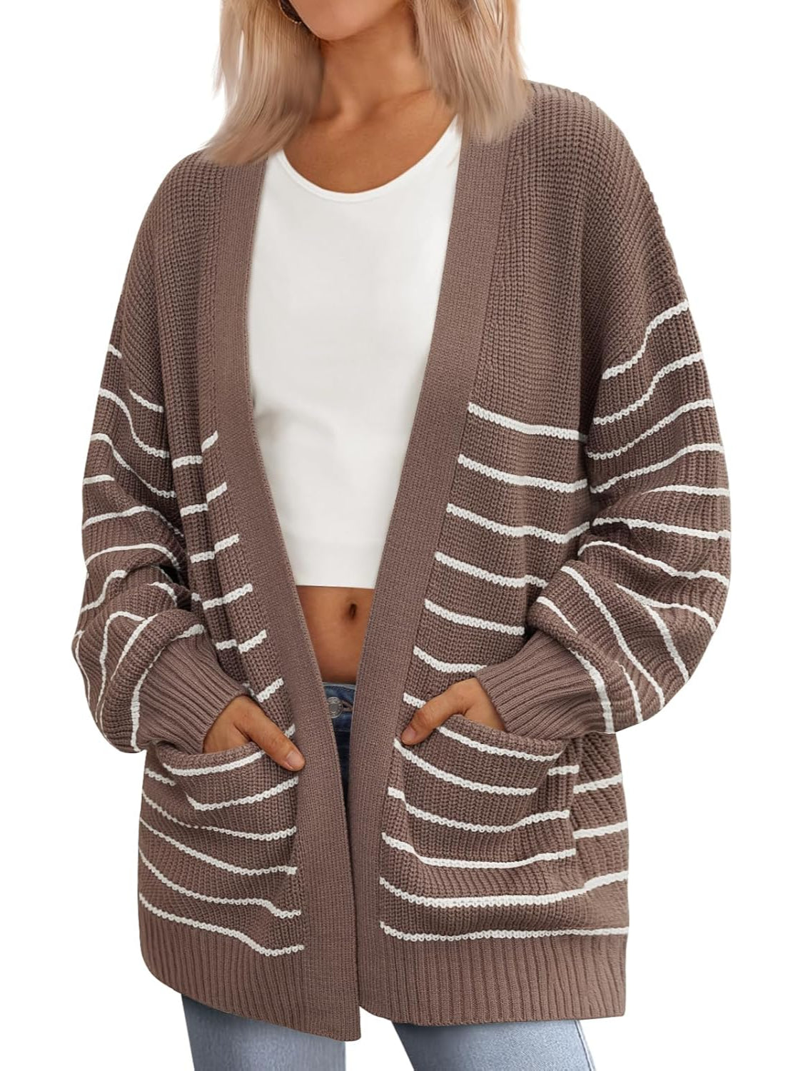 Oversized Striped Knit Cardigan With Pockets-My Comfy Blouse