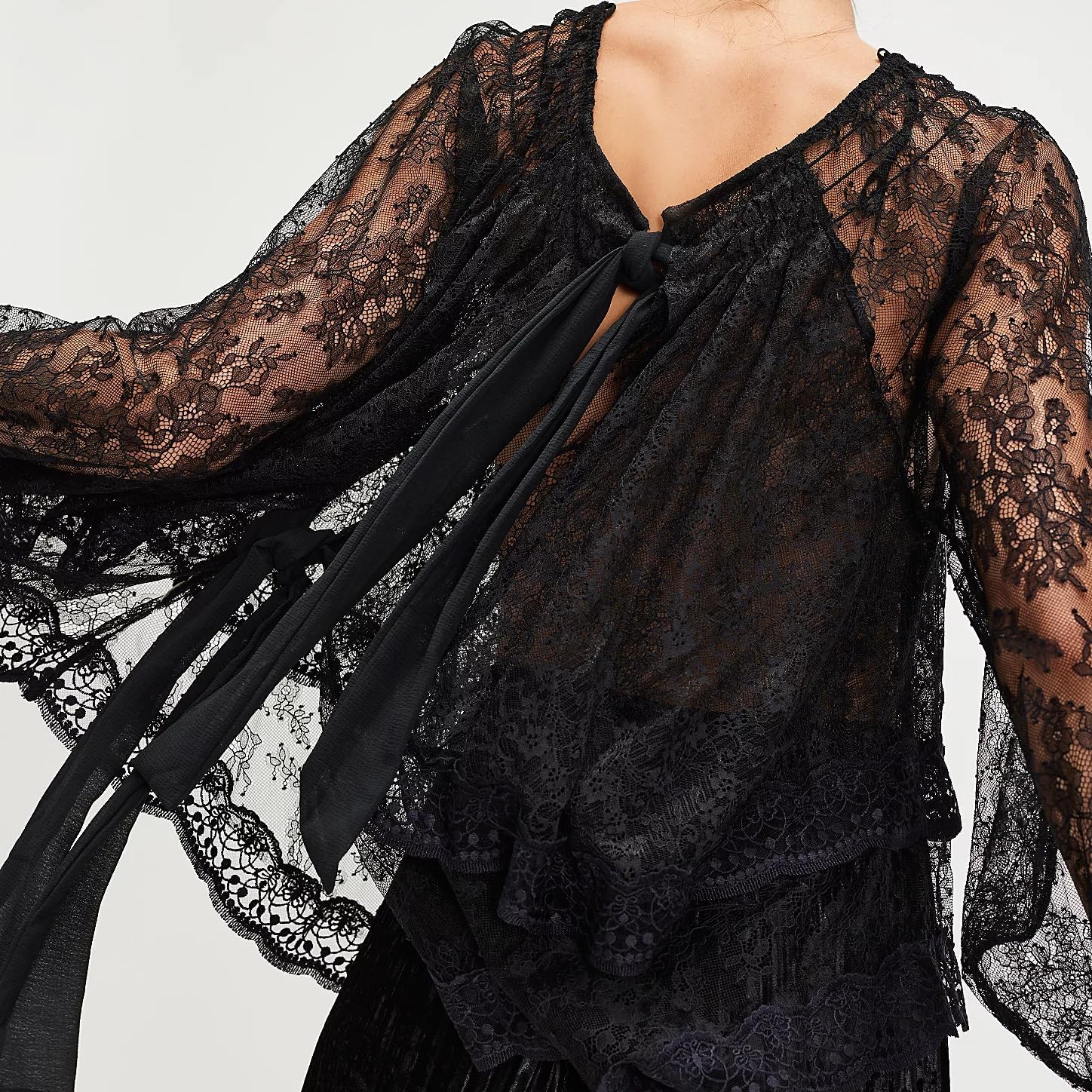 Flowy Ruffle Design Sheer Blouse With Lace Detail For Women