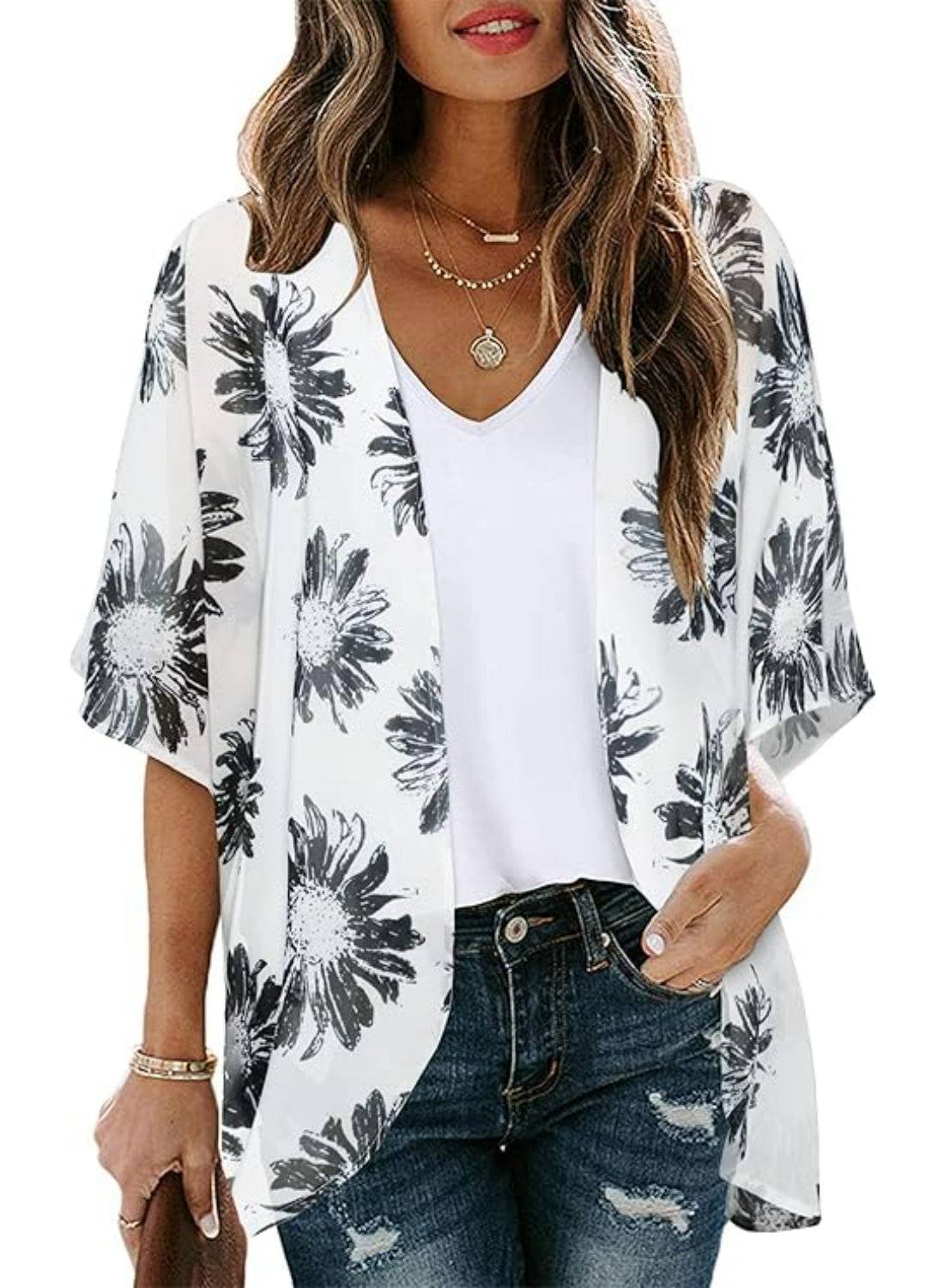 Casual Loose Floral Kimono With Sheer Fabric