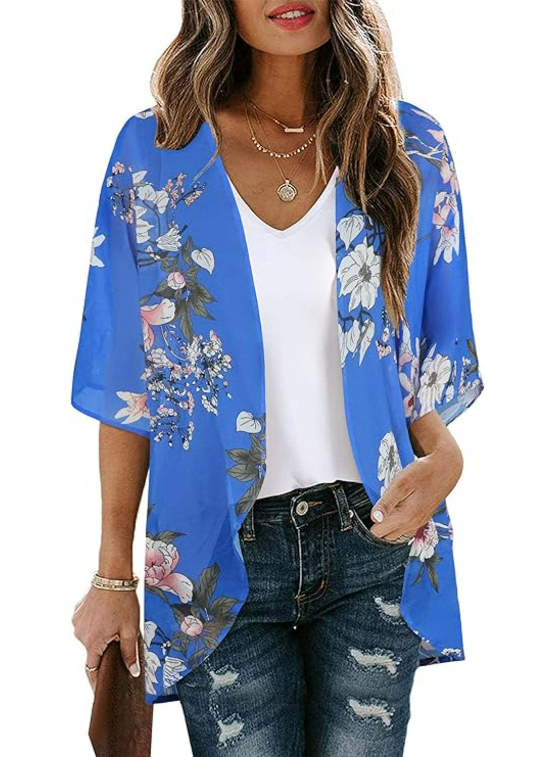 Casual Loose Floral Kimono With Sheer Fabric And Open Front Style