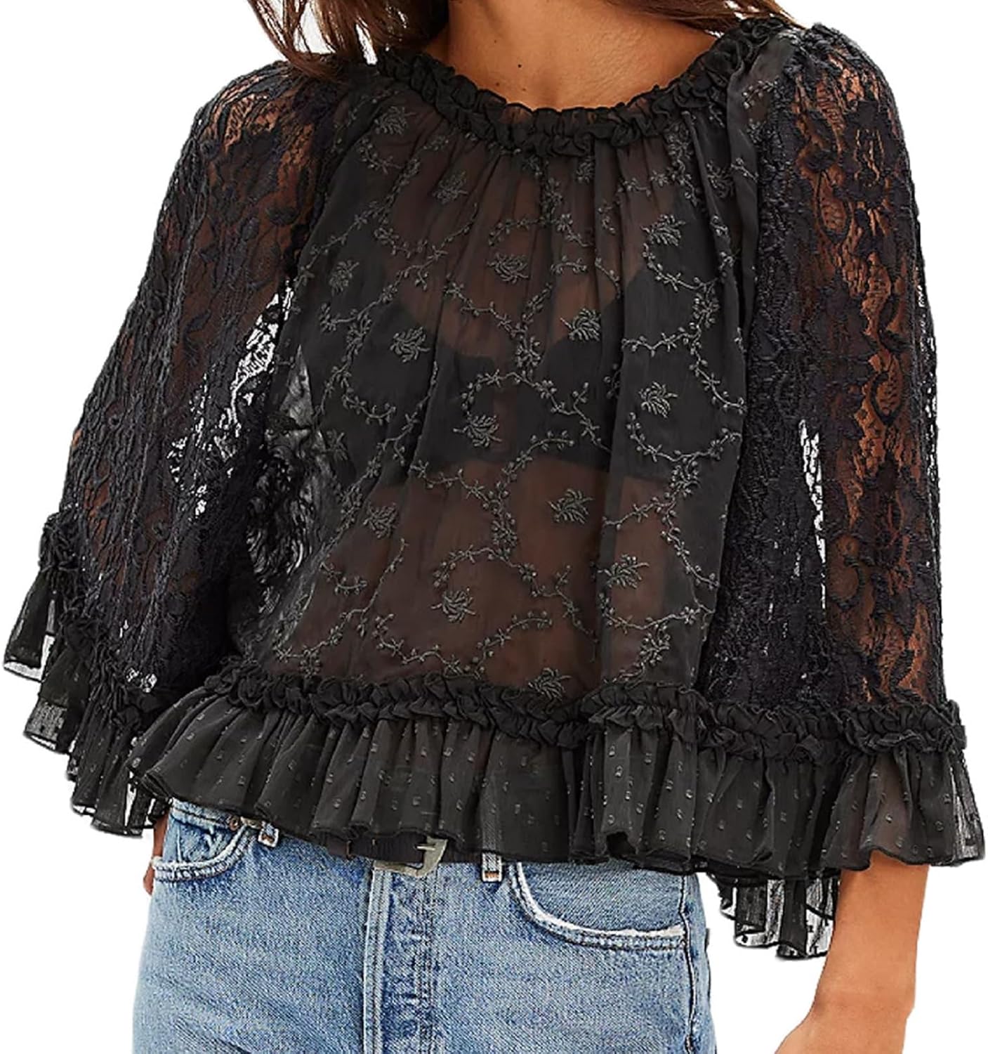 Flowy Ruffle Design Sheer Blouse With Lace Detail For Women