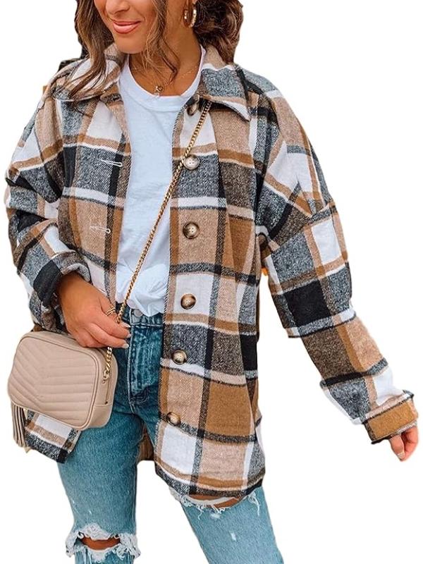 Women Checkered Pattern Jacket With Long Sleeves-My Comfy Blouse