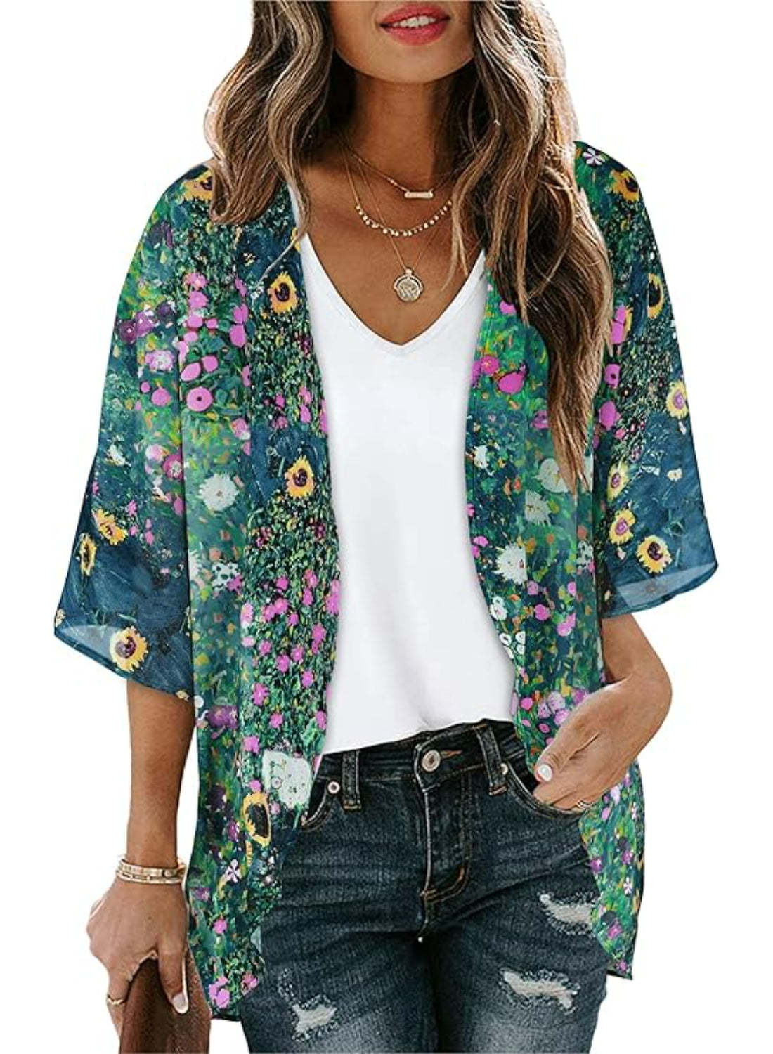 Casual Loose Floral Kimono With Sheer Fabric