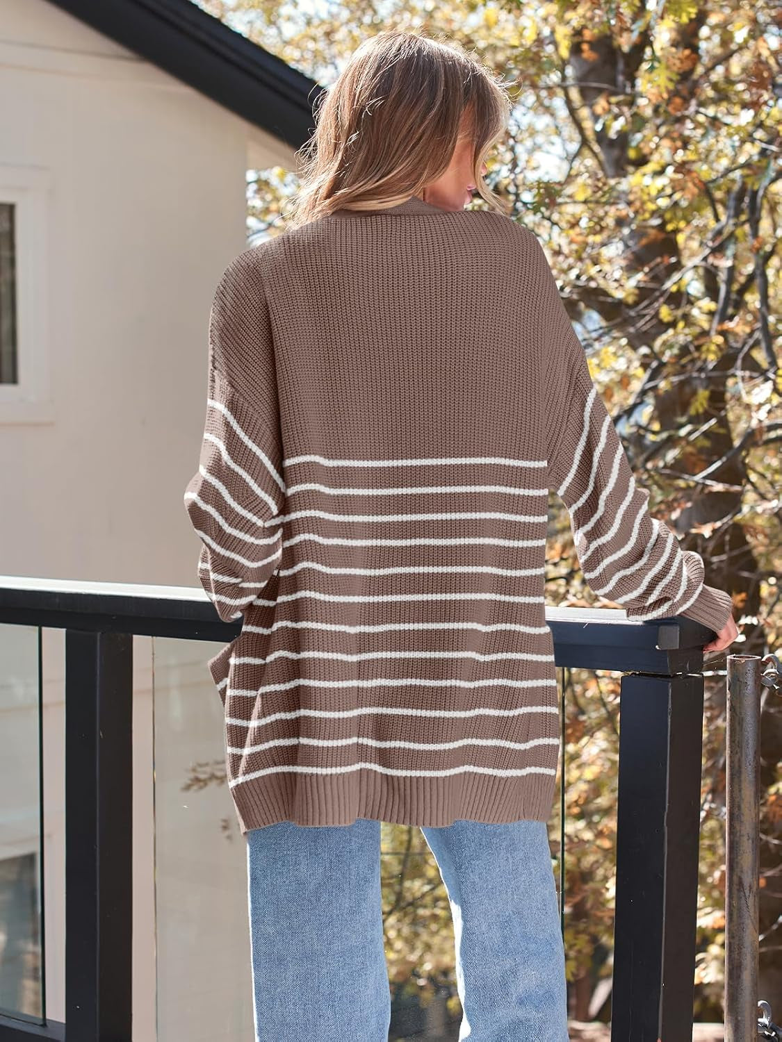Oversized Striped Knit Cardigan With Pockets-My Comfy Blouse