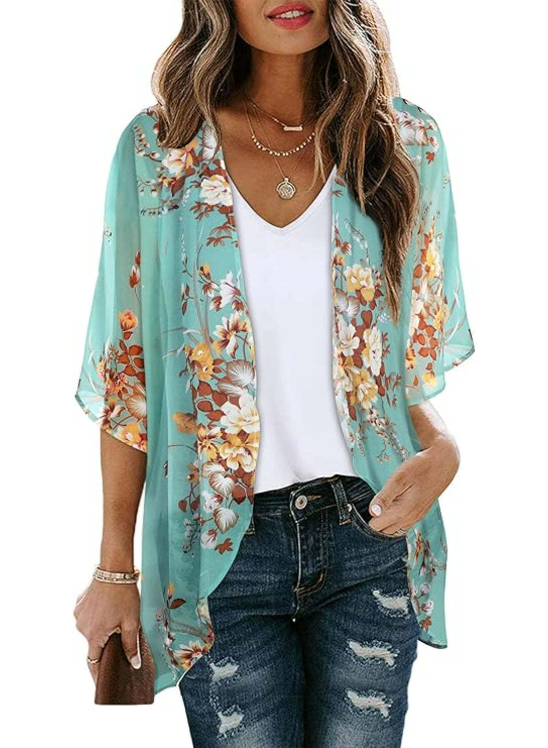 Casual Loose Floral Kimono With Sheer Fabric