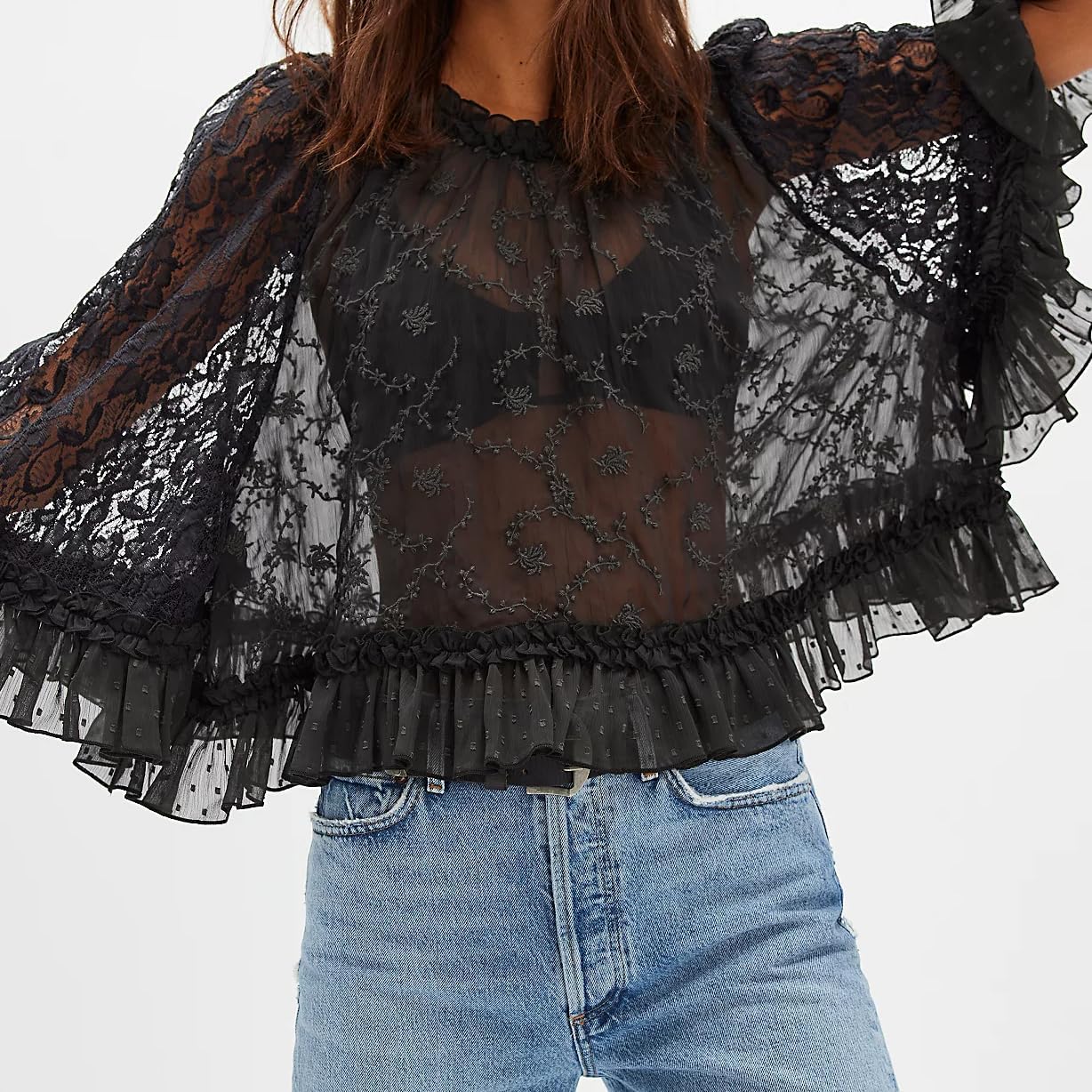 Flowy Ruffle Design Sheer Blouse With Lace Detail For Women