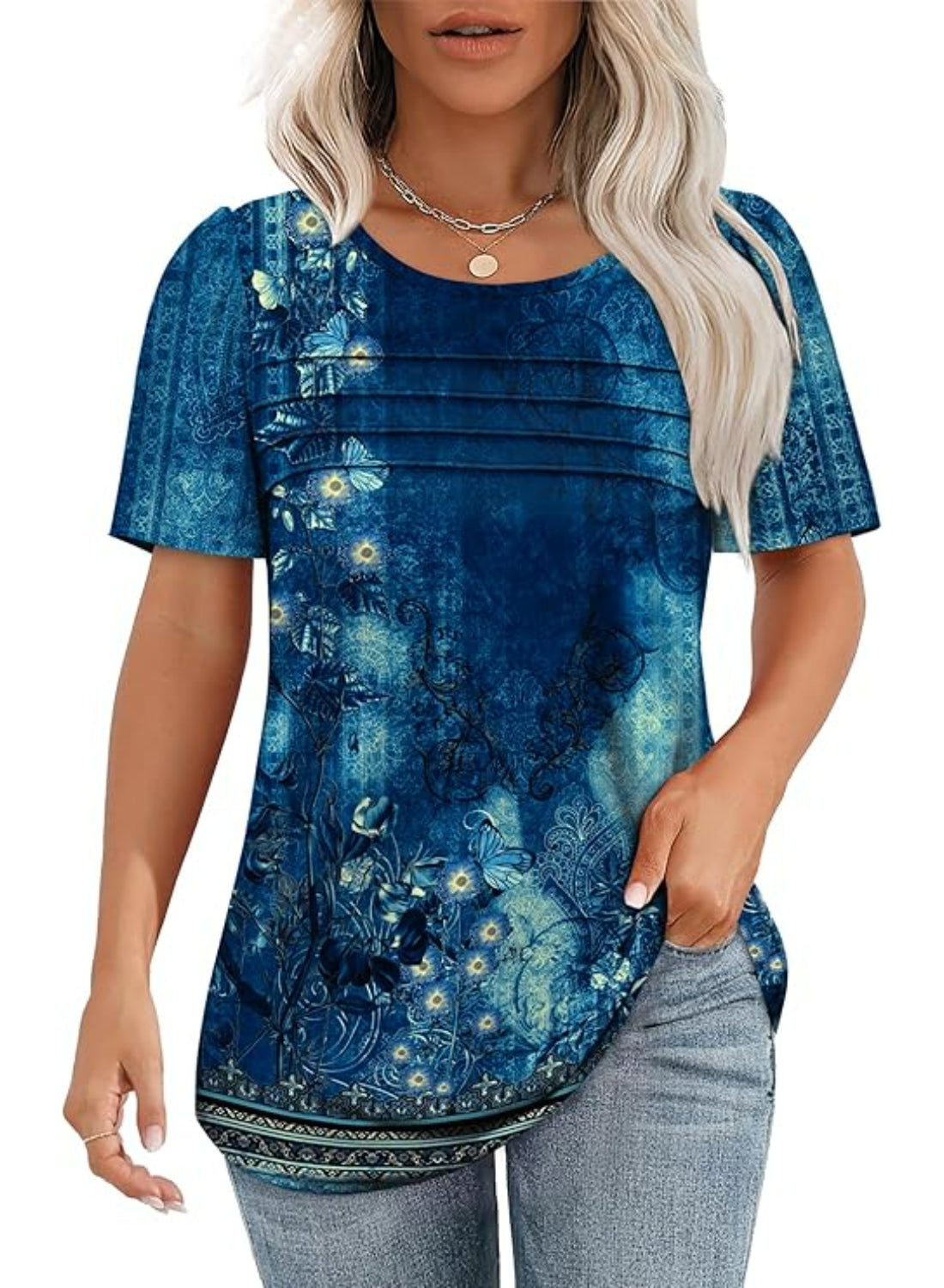 Women Printed T Shirts Short Sleeve For Scoop Pleated Top-My Comfy Blouse