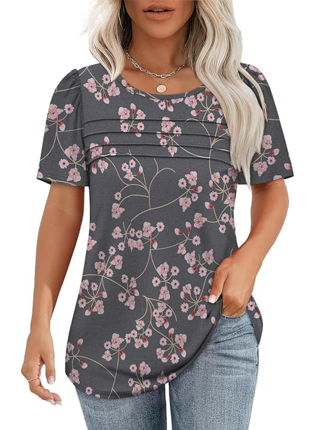 Women Printed T Shirts Short Sleeve For Scoop Pleated Top-My Comfy Blouse